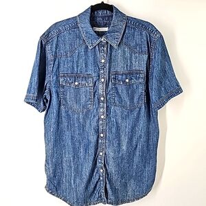 Free People Oversized Denim Tunic Top Short‎ Sleeve w Front Pockets & Side Slits